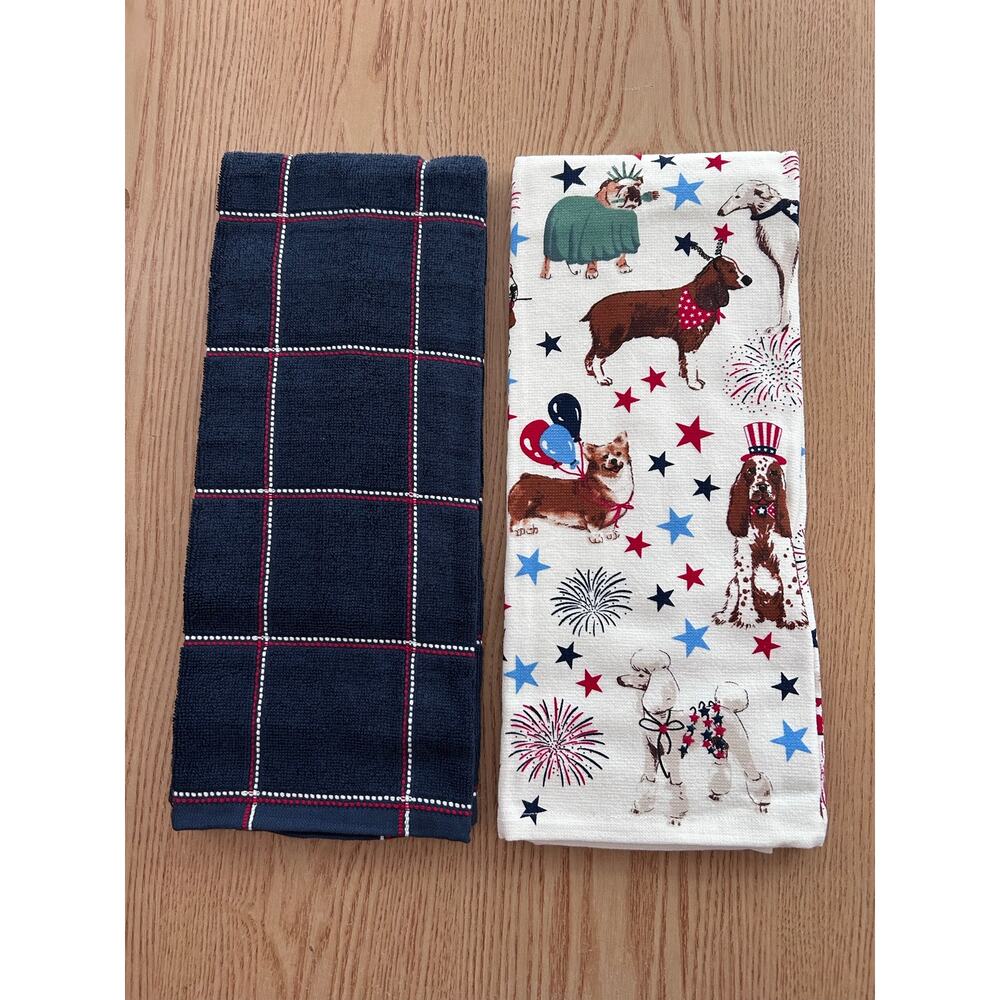 New Bundle 2 Doggies 🐕🐩Patriotic American 🇺🇸 Flag KitchenTowels 100% Cotton